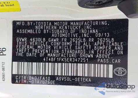 2014 Toyota Camry L from USA, damaged, VIN 4T4BF1FK5ER347251